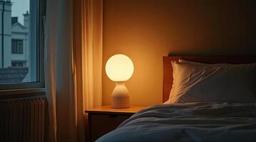 Warm light illuminates a cozy bedroom with a stylish lamp next to a neatly arranged bed during the evening photo