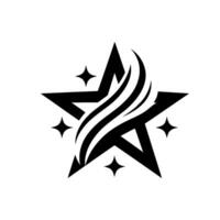 A stylized black and white featuring a star with stylized wavy lines radiating from its center, surrounded by four smaller diamondshaped sparkles, set against a pure white background. vector