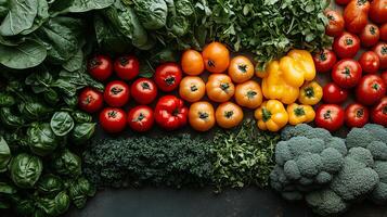 A vibrant and fresh array of assorted vegetables is beautifully arranged on a striking dark surface, showcasing their rich colors and textures photo