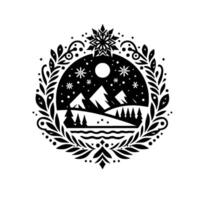 Black and white circular winter landscape snowy mountains, forest, lake, snowflake, and decorative wreath. vector