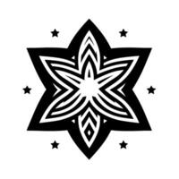 Symmetrical black and white starburst featuring an intricate layered pattern, ringed by small stars on a stark white background. vector
