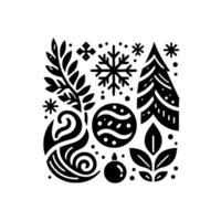 A black and white minimalist christmas illustration featuring stylized snowflakes, a fir tree, foliage, ornaments and flowing abstract shapes, arranged symmetrically. vector