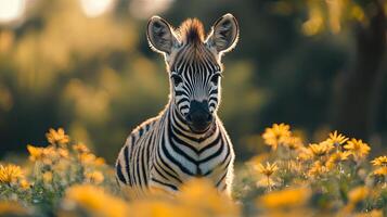 Young zebra exploring a field of bright yellow flowers during golden hour in a serene natural setting photo