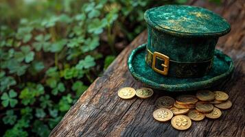 Leprechaun hat with gold coins and shamrocks positioned on a rustic wooden table in a natural outdoor setting photo