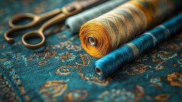 Closeup view of a sewing table showcasing bright threads and scissors perfect for creative sewing projects in a cozy workspace photo