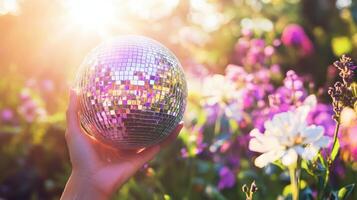 Bright sunlight shines through colorful flowers as a hand holds a disco ball near a garden, creating a vibrant and cheerful atmosphere during a warm afternoon photo