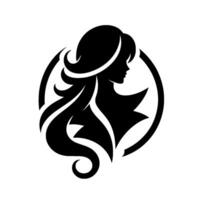 Elegant silhouette of a woman in a black and white circular design, showcasing flowing hair and a refined profile. vector