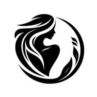 Silhouette of a graceful woman with flowing hair within a circular frame adorned with leaves, a symbol of natural beauty. vector