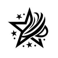 A striking black and white geometric starburst featuring a stylized star with artistic wings and accompanying constellations, all set against a clean white backdrop. vector