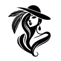Elegant silhouette of a woman in a hat adorned with a feather, featuring flowing hair and a stylish earring, set against a white background. vector
