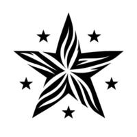 An artistic black and white featuring a central stylized star with a striped pattern, surrounded by six smaller solid stars on a plain white background. vector