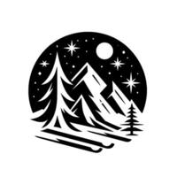 Black and white stylized illustration of a snowy mountain landscape at night, encircled by stars and a moon, with evergreen trees and a sled. vector