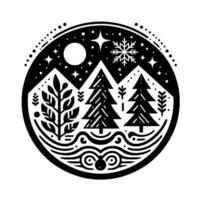 Circular black and white illustration of a winter night scene, depicting snowy mountains, pine trees, a moon, stars, and snowflake accents within a decorative border. vector
