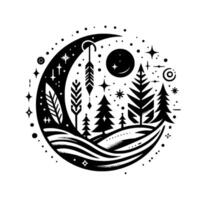 Celestial bohemian forest scene a monochrome circular featuring a crescent moon, starry sky, pine trees, and decorative feather and leaf elements. vector