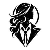 Silhouette of a stylish woman with flowing hair, adorned in a suit and tie, within a minimalist black and white graphic, conveying elegance and confidence. vector