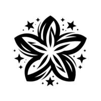 A stylized, black and white floral emblem, radiating from a central point, surrounded by starlike elements on a bright white background, creates an elegant design. vector