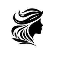 Silhouette of a womans profile with elegant flowing hair and a white circular background, showcasing beauty and femininity. vector