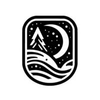 Monochrome nightscape illustration featuring a stylized pine tree, crescent moon, and rolling hills under a starry sky, encapsulated within a rounded rectangular frame. vector