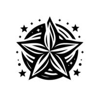Bold black and white starburst a symmetrical of a fivepointed star within a circle, adorned with smaller stars and diamond shapes, creating a celestial effect. vector