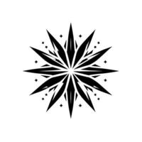 Geometric black and white starburst mandala with intricate patterns and stellar accents, set against a crisp white background. vector