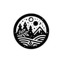 A stylized nightscape trees, mountains, and celestial bodies enclosed in a circular black and white composition, evoking a sense of serenity and nature. vector