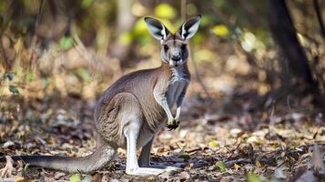 Kangaroo standing on a forest floor surrounded by autumn foliage in Australia during daylight hours, showcasing its natural habitat and behavior photo
