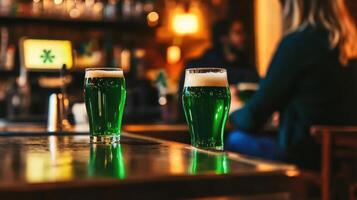 The atmosphere buzzes with excitement as patrons gather at a lively pub, raising their vibrant green drinks in celebration during a festive event, creating an enjoyable and cozy ambiance all around photo