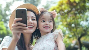 A cheerful mother and her daughter are enjoying a sunny afternoon in the park, capturing a delightful selfie surrounded by lush trees photo
