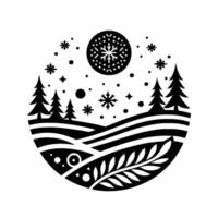 A monochromatic circular winter scene showcasing fir trees, snowy hills, a detailed snowflake sun, and decorative botanical elements, all contained within a whiteonblack design. vector
