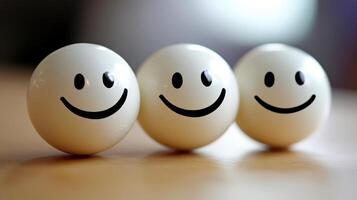Smiley face balls arranged in a row on a wooden surface creating a cheerful display filled with positivity and fun photo