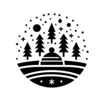 Whimsical winter scene stylized snow falling, evergreen trees, a beanie, and snowflakes, set in a circular frame. vector