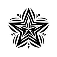 Intricate black and white starburst with geometric shapes and a clean aesthetic, featuring a fivepointed star motif. vector