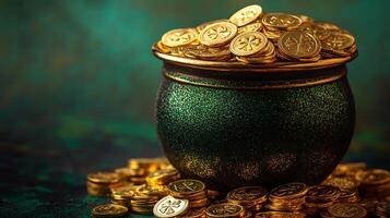 St Patricks day celebration features a pot of gold coins overflowing with treasures on a rich green background photo