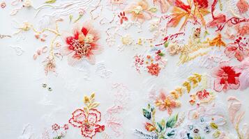 Intricate floral embroidery featuring vibrant threads and delicate patterns on a light background, showcasing craftsmanship and artistic design photo