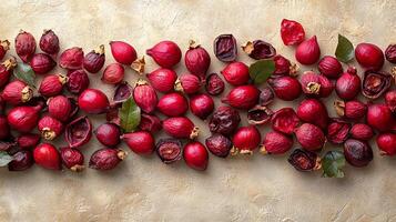A vibrant and colorful assortment of various fresh red fruits is artfully arranged on a textured surface, complemented by lush green leaves photo