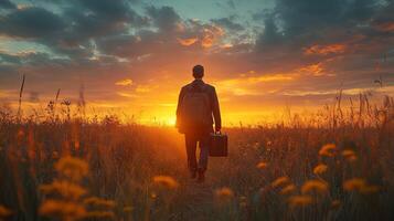Missionary man walks through field at sunset carrying suitcase and spreading the Word of God with hope for others in the distance photo