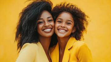 Smiling mother and daughter in matching yellow outfits against a vibrant yellow background sharing a joyful moment in a cheerful atmosphere photo