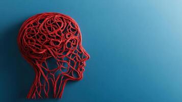 Creative representation of human thoughts and emotions through a red string sculpture against a blue background photo