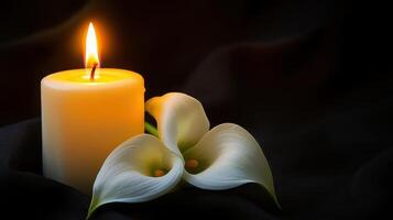 Candlelight illuminates delicate white calla lilies on a dark background creating a peaceful and serene atmosphere photo