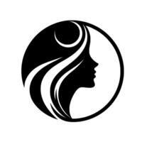 Elegant black silhouette of a womans profile enclosed within a circle, emphasizing flowing hair and graceful lines, perfect for beauty or wellness branding. vector