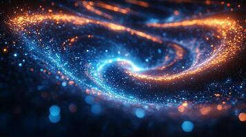 Vibrant cosmic swirl of blue and orange particles creating a mesmerizing galactic scene in deep space photo