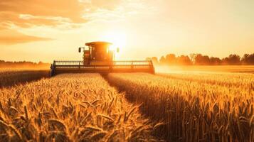 Harvesting wheat at sunset in a golden field with a combine harvester working diligently under a vibrant sky photo