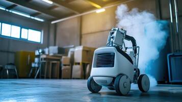 Innovative cleaning robot operates in a large warehouse, demonstrating advanced technology and efficiency during a cleaning task photo