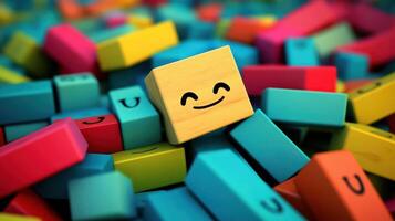 Colorful block characters playfully arranged with a smiling block in the center, showcasing a vibrant and cheerful atmosphere photo