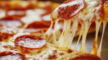 Delicious cheesy pizza topped with pepperoni served fresh from the oven with melted cheese stretching and inviting on a warm evening photo