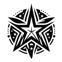 Intricate black and white star with geometric patterns, embedded small stars, and surrounding dotted circle on a white background. vector