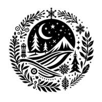 Stylized black and white winter scene within a circle snowcapped mountains, trees, moon, stars, and decorative botanical elements. vector