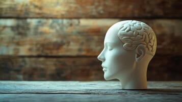 Sculpture of a human head with a brain design showcasing artistic representation of intellect and creativity in an indoor setting photo