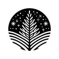 Minimalist black and white circular featuring a stylized fir tree amidst a snowy landscape, evoking winter and a sense of simplicity. vector