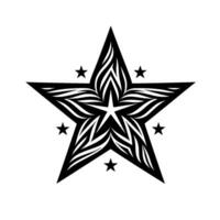 Intricate black and white star illustration with stylized, flowing patterns at the center, surrounded by smaller stars on a stark white backdrop. vector